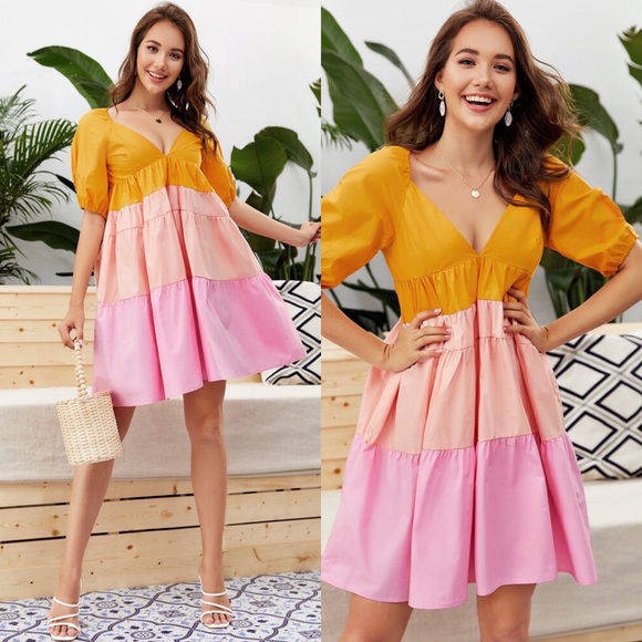 Colorblock Zip Back Babydoll Dress